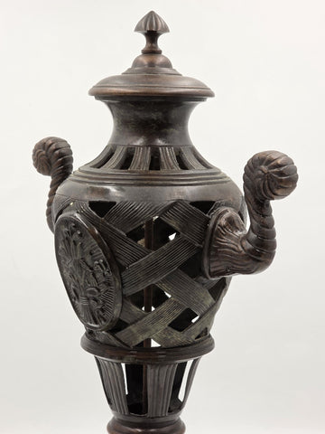Antique Heavy Bronze Neoclassical Urn Ram Head Handles Pierced Vase Empire Style