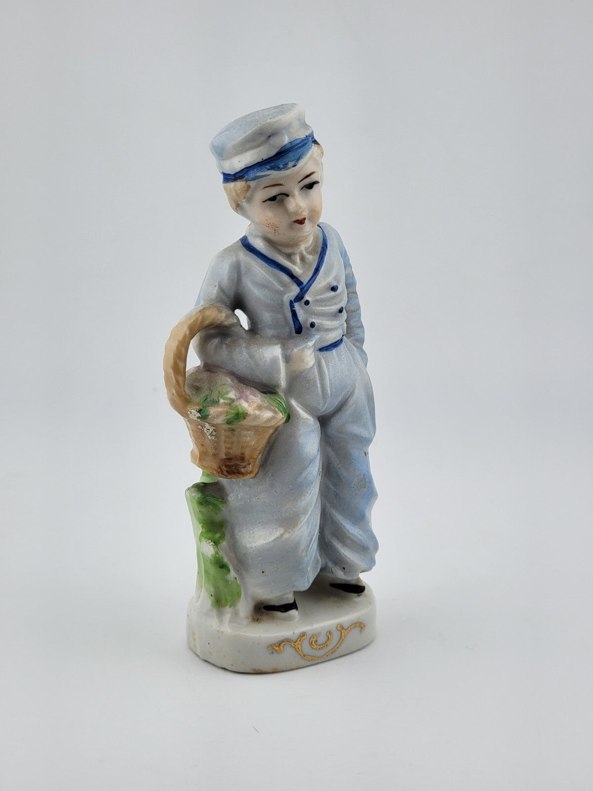 Vintage Dutch Boy with Basket Figurine Occupied Japan Porcelain 6 1/4”