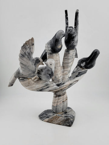 Gorgeous Vintage Marble Granite Dove Figurine, Set Of 5 Birds Statues On Branch.