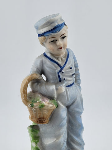 Vintage Dutch Boy with Basket Figurine Occupied Japan Porcelain 6 1/4”