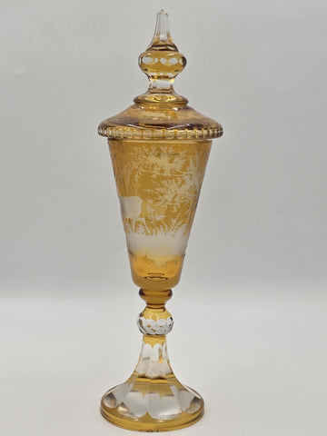 Rare Antique C1920's Bohemian Amber Cut to Clear Lidded Goblet Stag Forest Scene