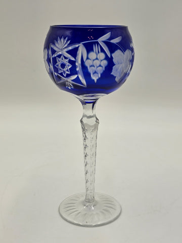 Nachtmann Saphire Blue Lead Crystal Wine Glass Grapes Floral Cut 8.5" Stemware