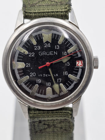 1950's Gruen 17 J Military Field Watch 24 Hour Dial Date Mechanical 35mm. Works.