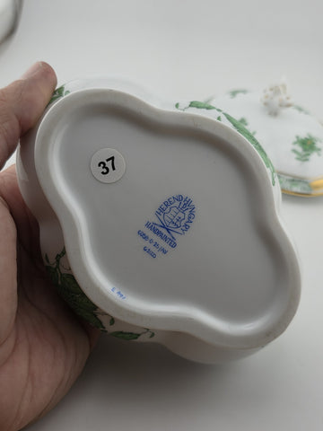 Vintage Collectible Herend Chinese Bouquet Green Cov Bonbon W/Bunny. Read.