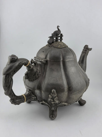 Rare Shaw & Fischer Sheffield Pewter Teapot Hinged Lid Snake Holding Fish Handle