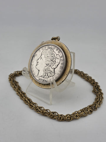 Antique 1921 Morgan Silver Dollar Pendant & 24" Gold Plated chain.