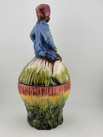 Rare African Boy Horn Blower Vintage Majolica Pottery Candy Dish/ Cookie Jar