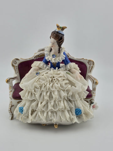 Vintage Sitzendorf Germany Lace Porcelain Lady Figurine Sofa Crown Mark. Read.
