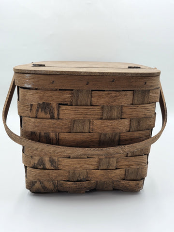 Antique C 1920's Picnic Basket 1" Woven Slats Naturally Aged Patina  Handles Lid