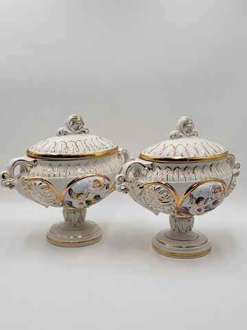 Set Of 2 Keramos Capodimonte Italy Cherub Centerpiece Vase Lidded Pedestal Bowls