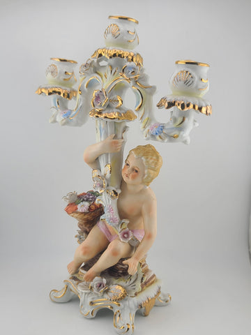 Early 20th C Italian OM Porcelain Cherub Figural 3-Light Candelabra Rococo Style