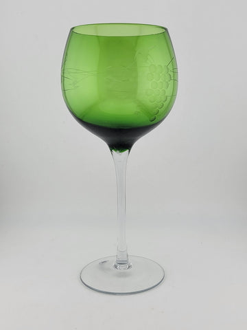 Vintage Emerald Green Etched Grape Design Goblet. 8.5 Inch.