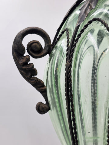 Rare Antique 19th C Murano Green Caged Blown Glass Urn Vase Centerpiece. 23 In