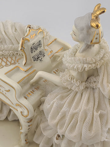 Antique Dresden Art Porcelain Lady at Grand Piano Figurine Lace Dress Germany