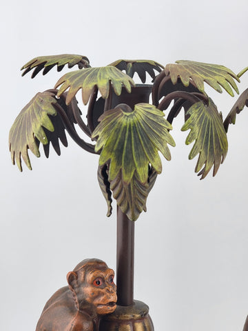 VTG Pr. PETITES CHOSES Monkey Palm Tree Hand Painted Metal TOLEWARE Candlesticks