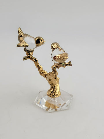 Vintage Swarovski Style Crystal Trimlite & Gold P Love Birds On Tree Figurine.