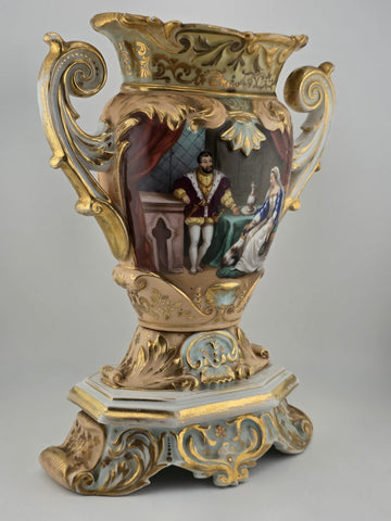 Rare Antique Mid 19th C French Vieux Paris Gilt Porcelain Urn Vase Court Scene
