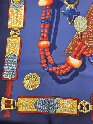 Hermès Silk Scarf 90 “Tibet” Cathy Latham Blue Red Gold Tibetan Jewelry Motif