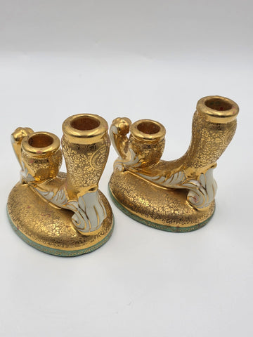 Pair 1930's  LE MIEUX CHINA 24 KARAT GOLD DOUBLE CANDLE STICK HOLDERS VINTAGE