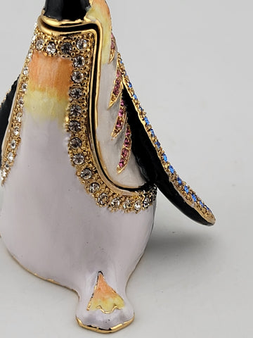 Vintage Penguin Treasure Inside Enameled Rhinestone Trinket Box In Original Box.