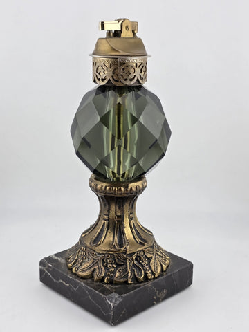 Rare Antique Bohemian Amber Cut Crystal & Brass On Marble Ornate Table Lighter.