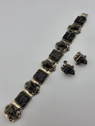 VINTAGE Mexican TAXCO STERLING SILVER 925 BRACELET & Earrings Obsidian Tribal.