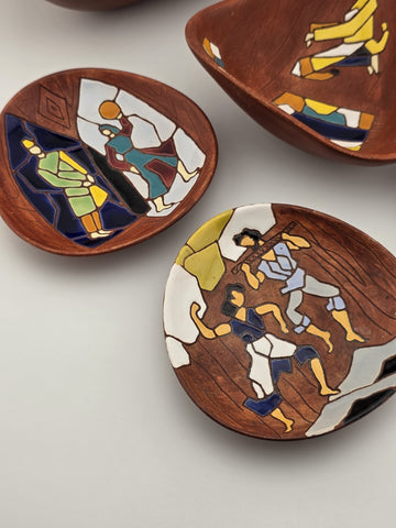 Vtg Keramos Hand Painted Art Pottery Bowl & Plates Lot 7 Mid Century Figurative