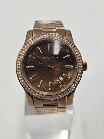 Michael Kors MK5494 Rose Gold Watch Mother of Pearl Dial Crystal Bezel 42mm Runs