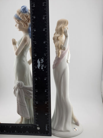 Beautiful Set Of 2 Vintage Porcelain Glazed Hair Women in White Dresses Figurine