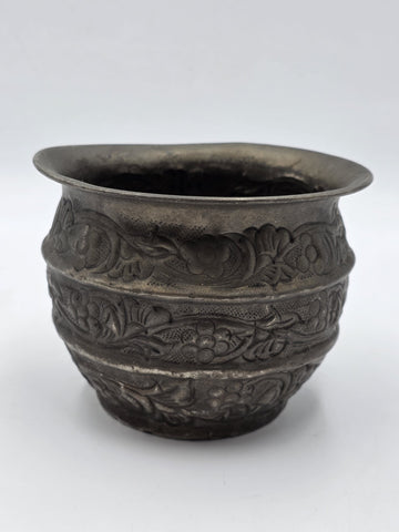Antique 19th C Hand Chased Silver Tone Metal Bowl Floral Repousse Asian Cachepot