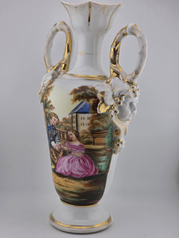 Antique 19thC Hand Painted Porcelain Vase Romantic Scene Gold Gilt Paris Style