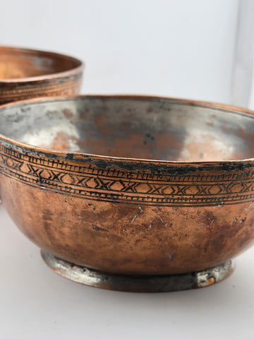 Antique Stuning Set Of 2 Nesting Large Middle Eastern Copper Bowls Hand Engraved