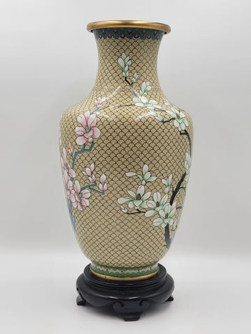 XL Cloisonné Vase Beautiful Floral  Fine Wirework Interior Brass 17 inches tall