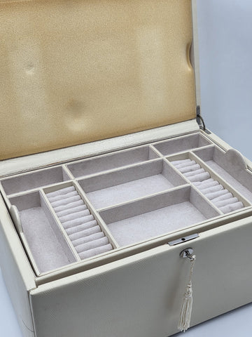 Vintage XL Pottery Barn 4 Level Jewelry Box Organizer Cream Case W Mirror & Key.