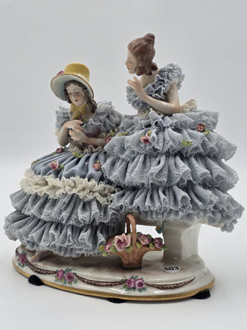 Antique German Dresden Lace Porcelain Figurine Two Ladies On Bench Volkstedt