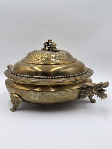 Antique Chinese Brass Dragon Handle Lidded Tureen Qing Hot Pot with Foo Dog Lid