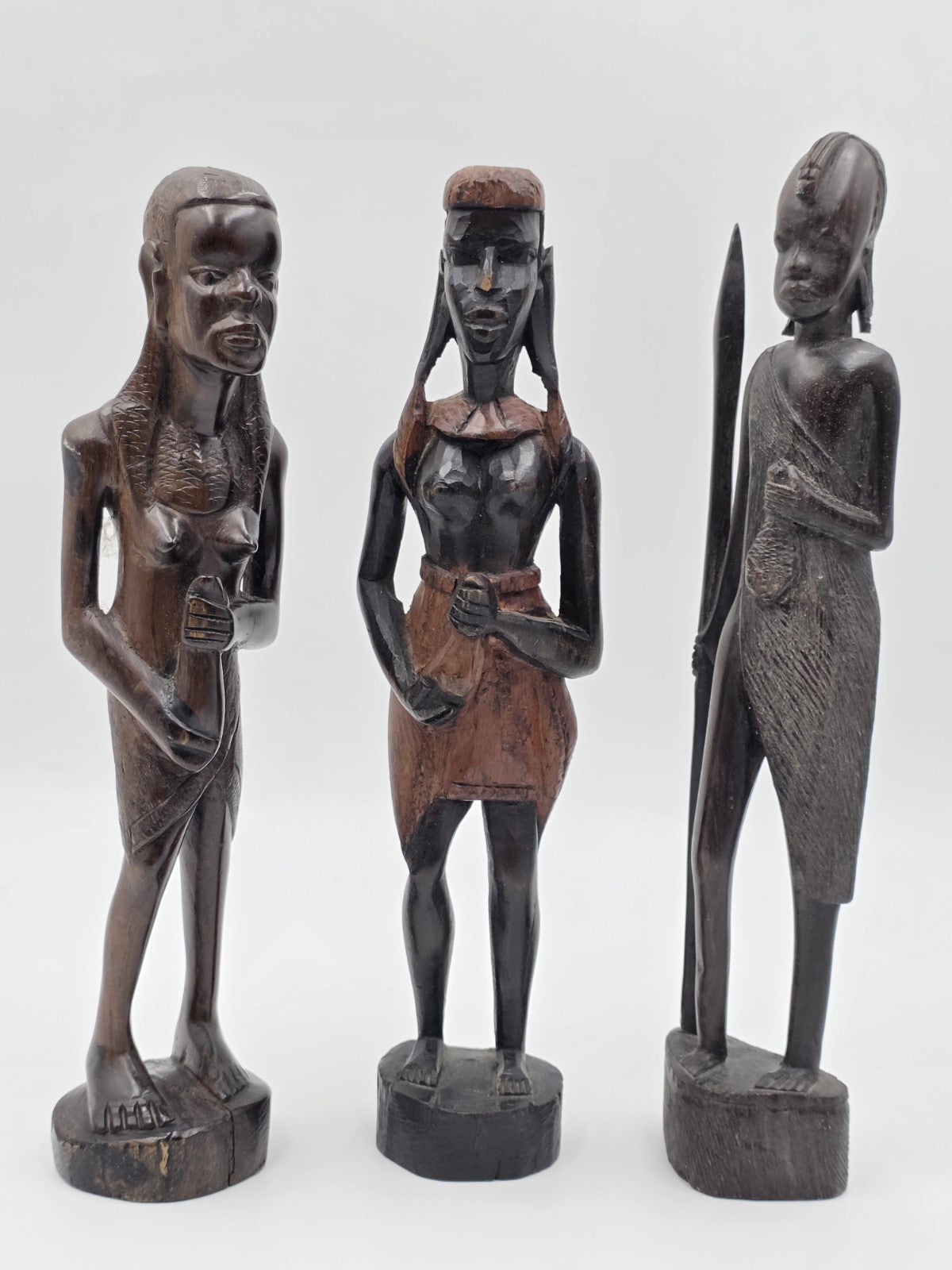 Set Of 3 Vintage Hand Carved Kenyan African Wood Tribal Figures Maasai Sculpture