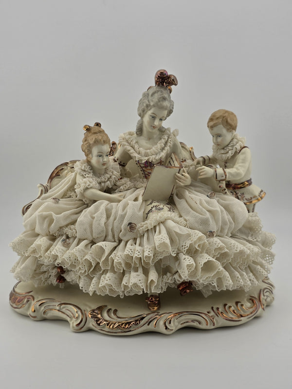 Large Dresden Art Germany Lace Porcelain Figurine Lady w Children W Sofa Reading