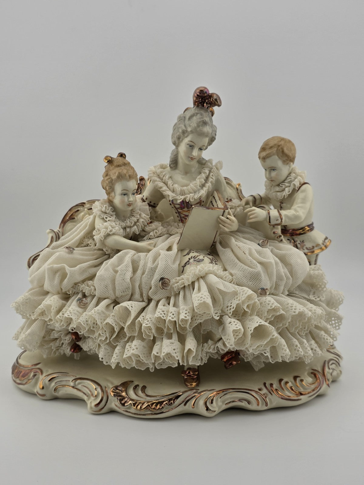 Large Dresden Art Germany Lace Porcelain Figurine Lady w Children W Sofa Reading