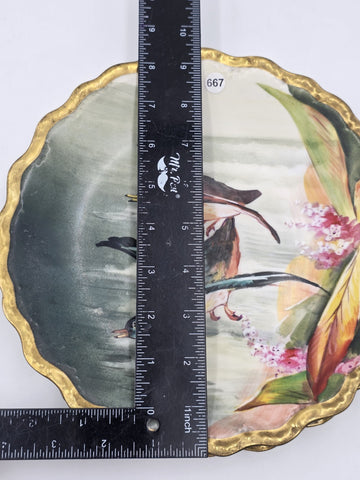 SET OF 2 ANTIQUE LIMOGES FRANCE LRL HAND PAINTED BIRDS CABINET PLATE SIGNED
