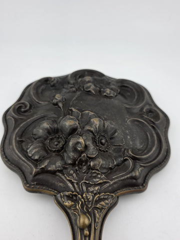 RARE ANTIQUE ART NOUVEAU SILVER PLATED HAND MIRROR REPOUSSE FLOWER DESIGN 1905