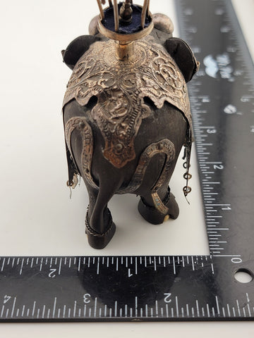 Rare Antique Indian Ebony Silver Overlay Jeweled Elephant W Real Ruby Stone.