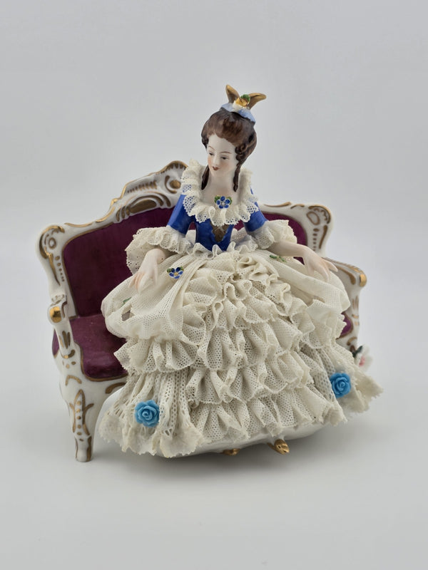 Vintage Sitzendorf Germany Lace Porcelain Lady Figurine Sofa Crown Mark. Read.