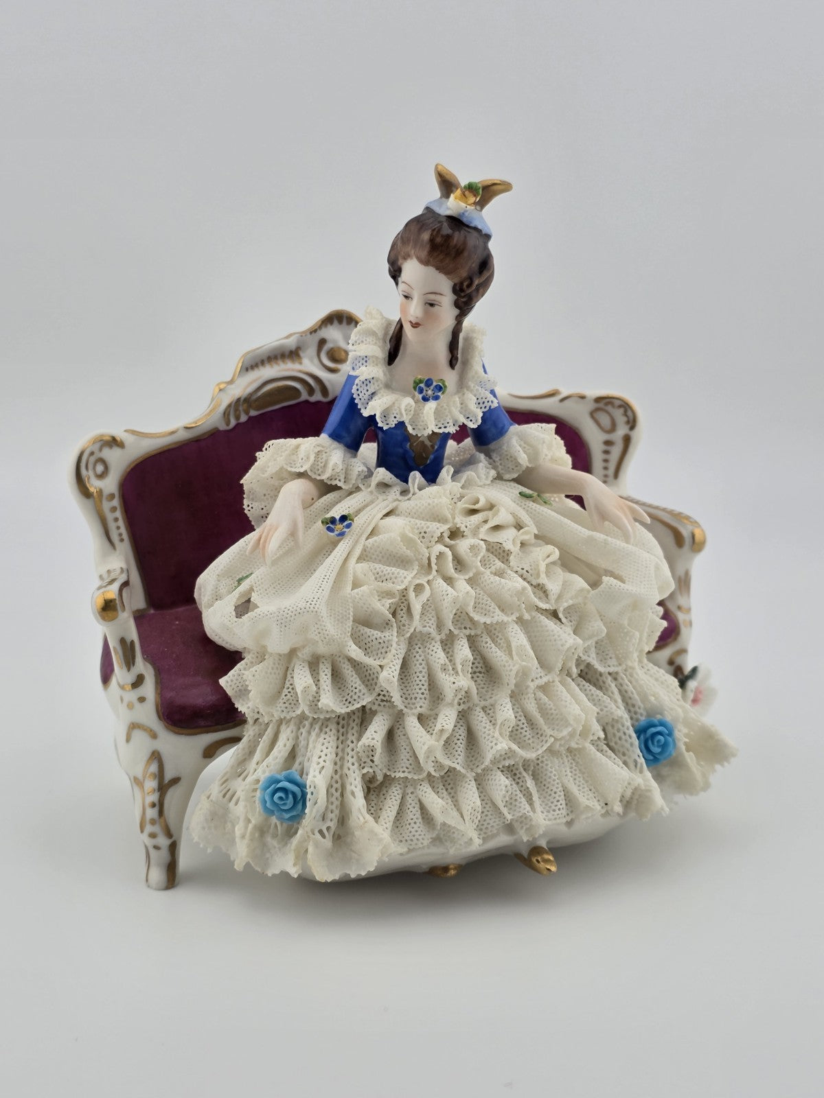 Vintage Sitzendorf Germany Lace Porcelain Lady Figurine Sofa Crown Mark. Read.