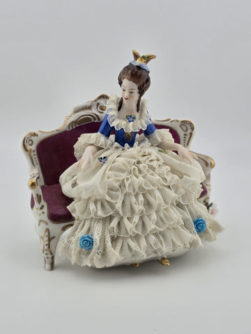 Vintage Sitzendorf Germany Lace Porcelain Lady Figurine Sofa Crown Mark. Read.