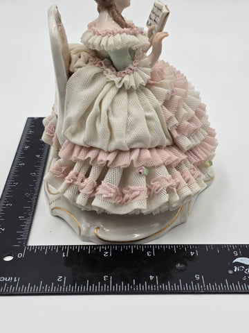 Vintage M.Z. Ireland Dresden Lace Porcelain Figurine Lady Reading Book Seated