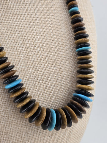 Jay King DTR Black Onyx, Tiger Eye and Turquoise Disc Sterling Necklace.