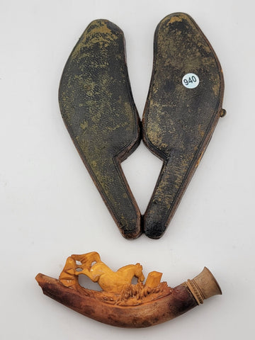 Antique 19th C Horse Theme German Meerschaum Cigarette Holder W Original Case.