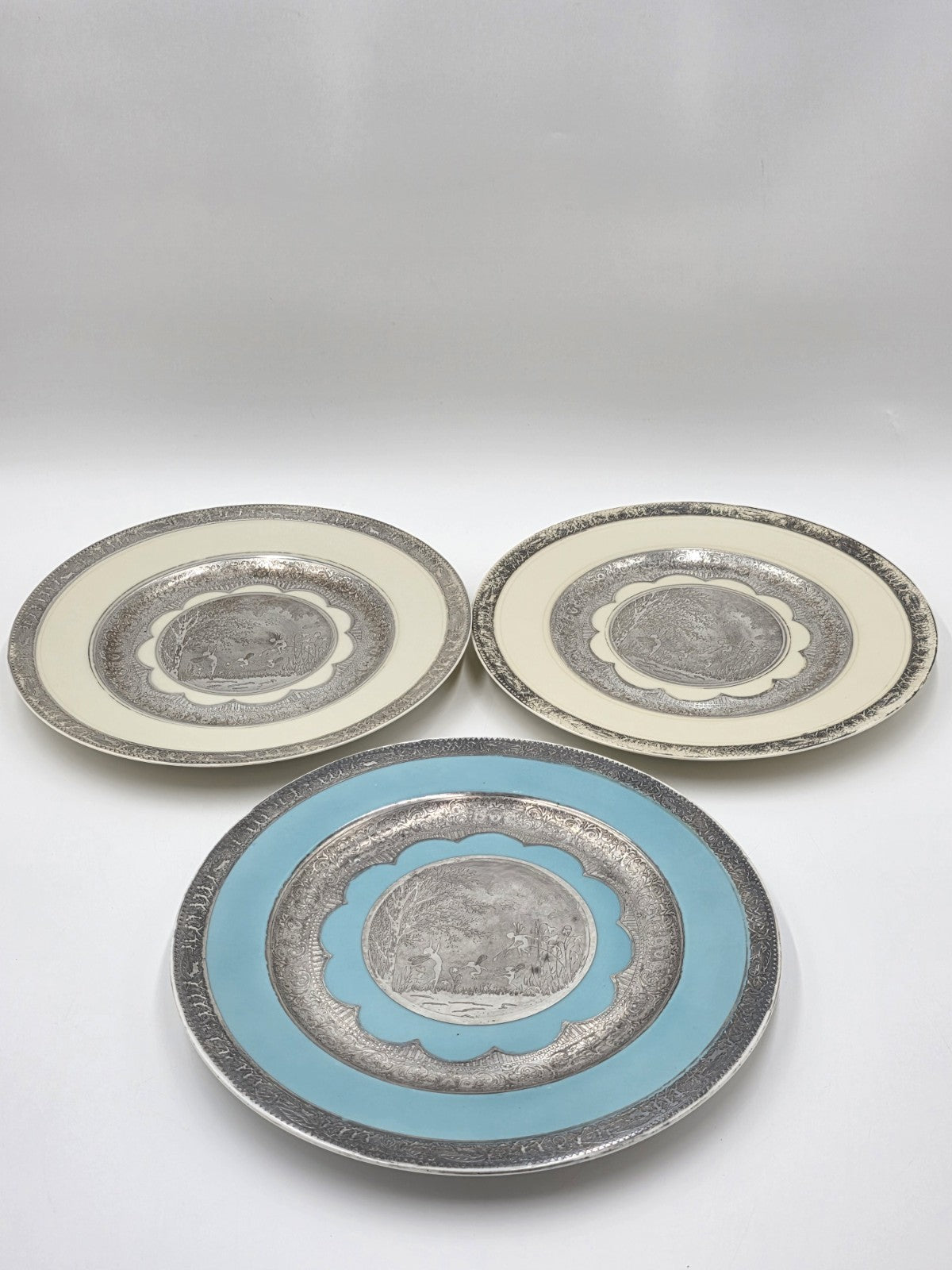 Set of 3 Antique Czech Silver Inlaid Enamel Fairy Plates c.1910 Art Nouveau