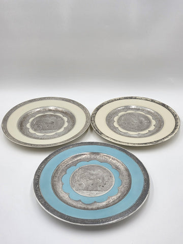 Set of 3 Antique Czech Silver Inlaid Enamel Fairy Plates c.1910 Art Nouveau